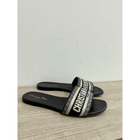 DIOR Dway Embroidered Cotton Flat Slides Sandals Black Women's Size 40 / US 10 - Picture 4 of 7